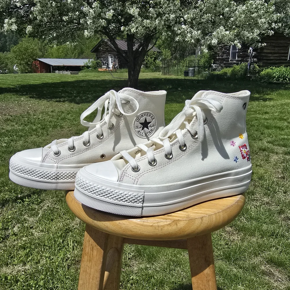 Converse Women's High-Top Sneakers - White With Embroidered Details, Size 8.5